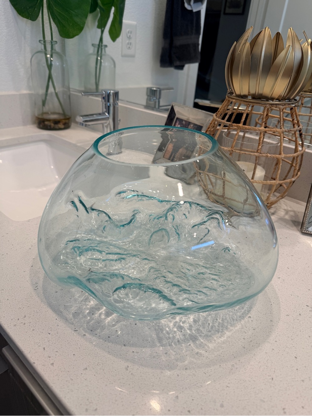 Handblown Aqua Glass Art Bowl - Decorative Sculptural Vase